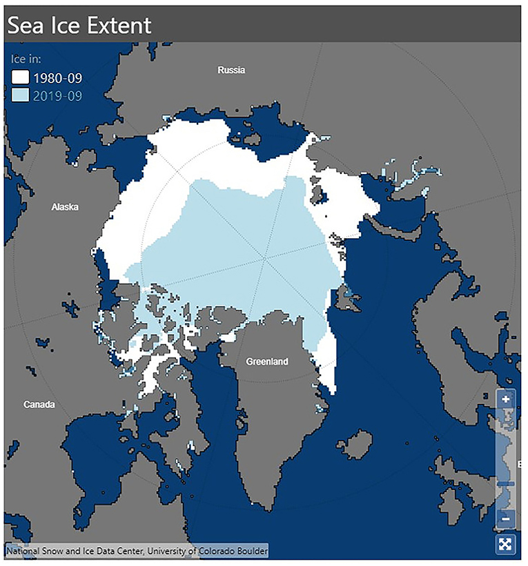 图3 -北冰洋地图，显示1980年9月(白色)和2019年9月(蓝色)夏季海冰覆盖的平均面积。